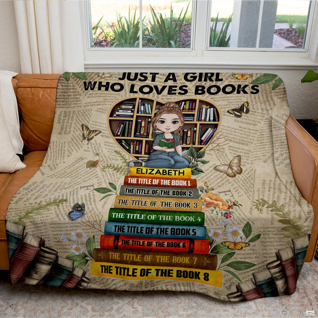 Personalized Reading Girl on Heart Bookshelf Throw Blanket - Book