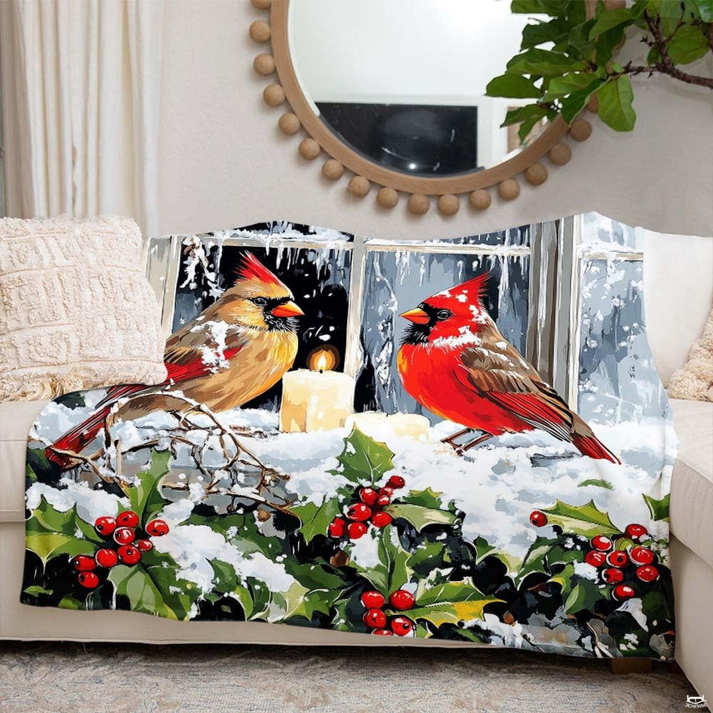 Lifestyle setting displaying the winter bird throw blanket neatly folded on an armchair.