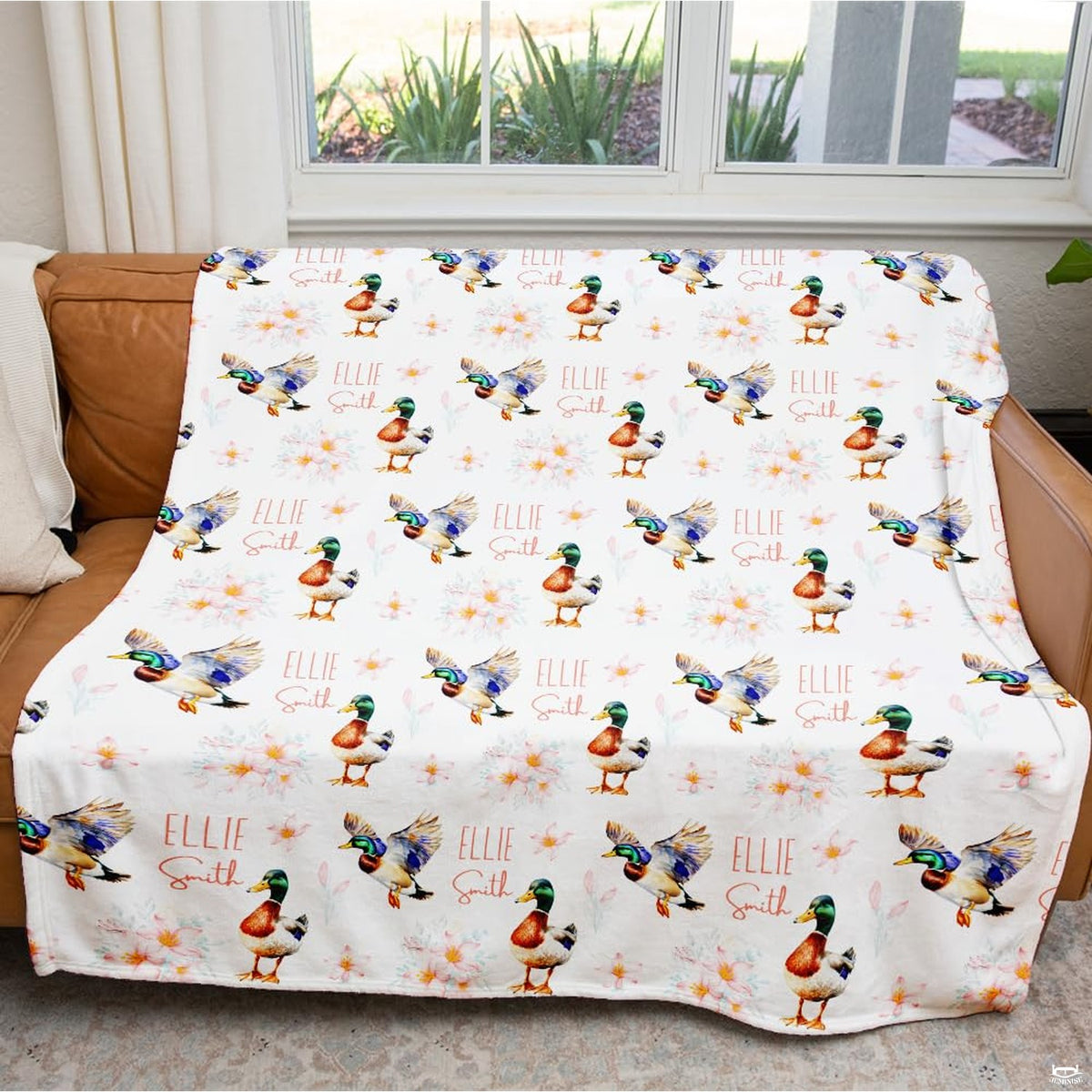 Mallard ducks pastel floral pattern throw blanket view 5 detailing watercolor drakes and flowers