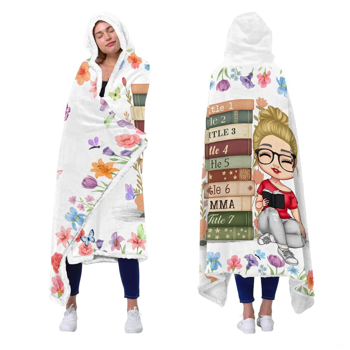 Pretty bedding sets showcasing watercolor girl reading beside vintage book stack.