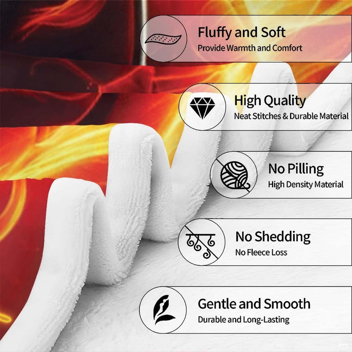 Detailed folded edge of flaming soccer textile beside circular icons