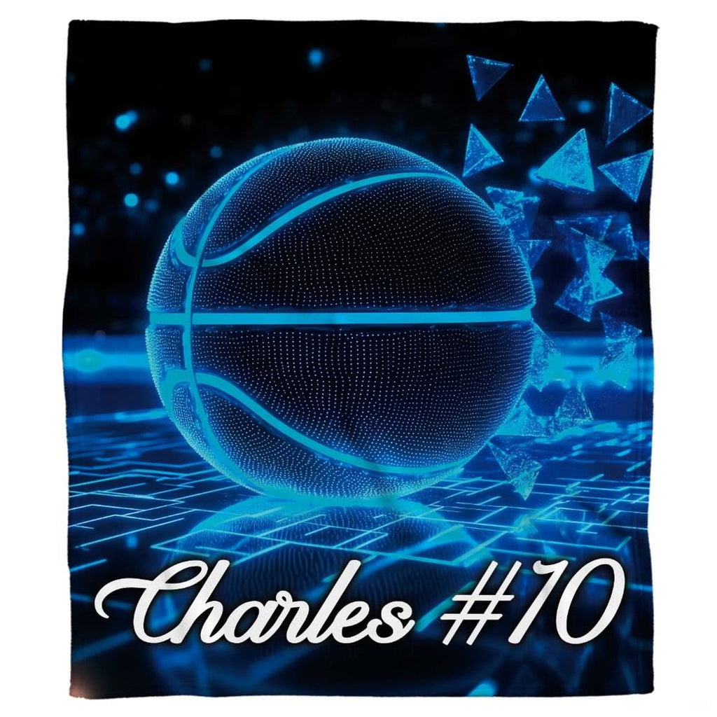 Neon cyber basketball throw blanket view 2 highlighting glowing cyan court graphics and sporty bedroom styling
