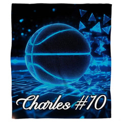 Neon cyber basketball throw blanket view 2 highlighting glowing cyan court graphics and sporty bedroom styling
