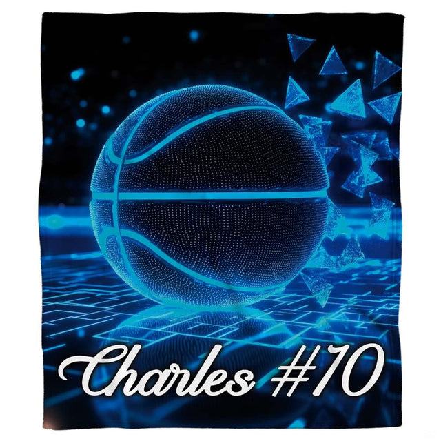 Neon cyber basketball throw blanket view 2 highlighting glowing cyan court graphics and sporty bedroom styling