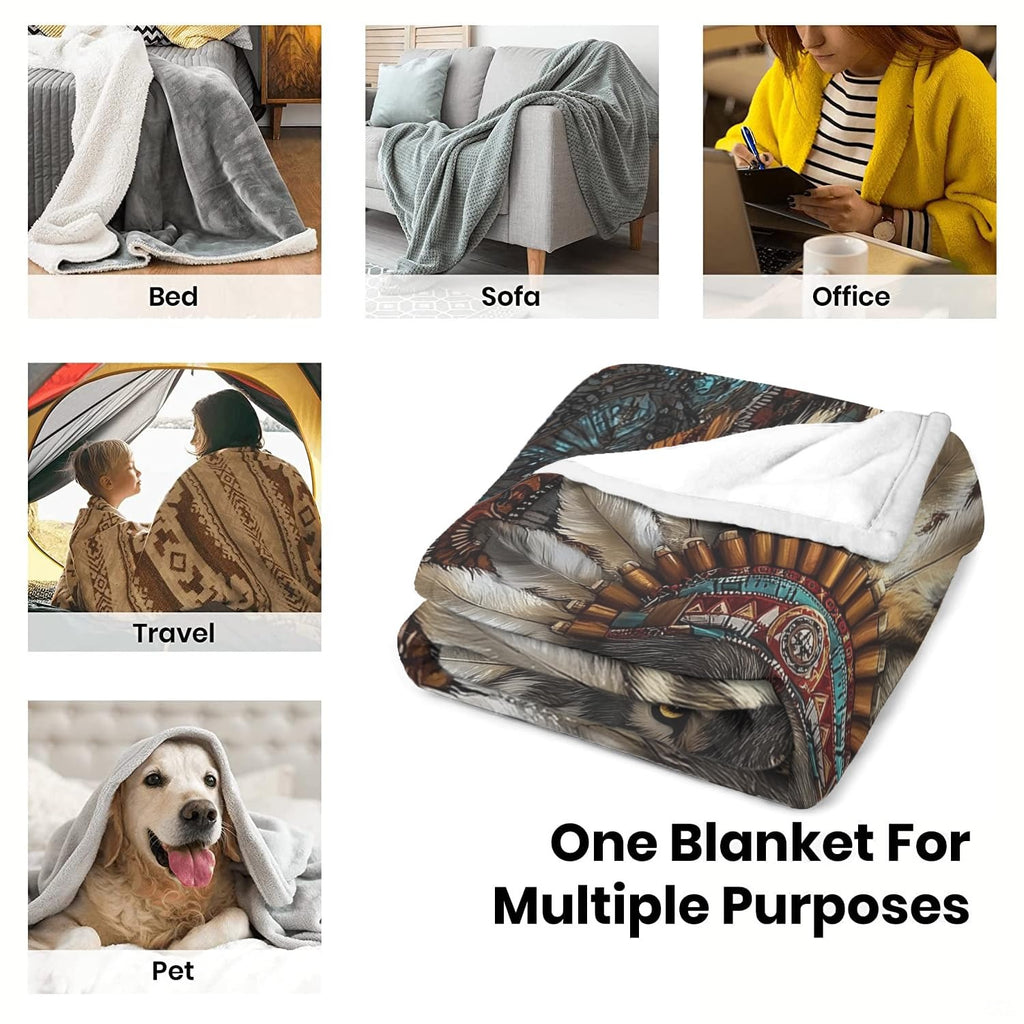 Folded presentation of the tribal wolf throw blanket resting neatly on an armchair.