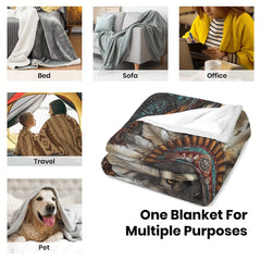 Folded presentation of the tribal wolf throw blanket resting neatly on an armchair.