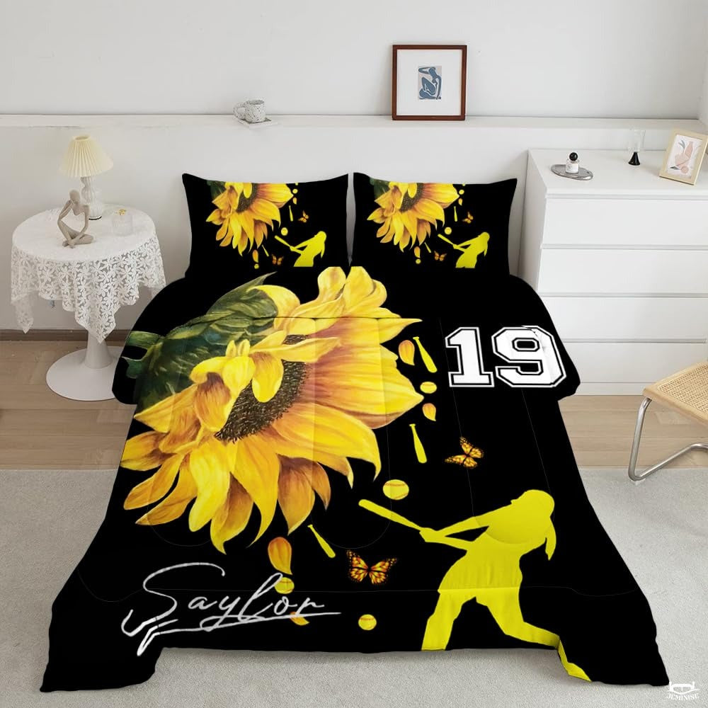 Softball Bedding Set for Softball Lover Heart Love Ball Sports Theme Comforter Girls Women Bright Teal Yellow Room Decorative Comforter Set Full Size