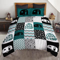Retro camper bed cover bedding set showing teardrop trailers and pine trees in teal and gray patchwork blocks.