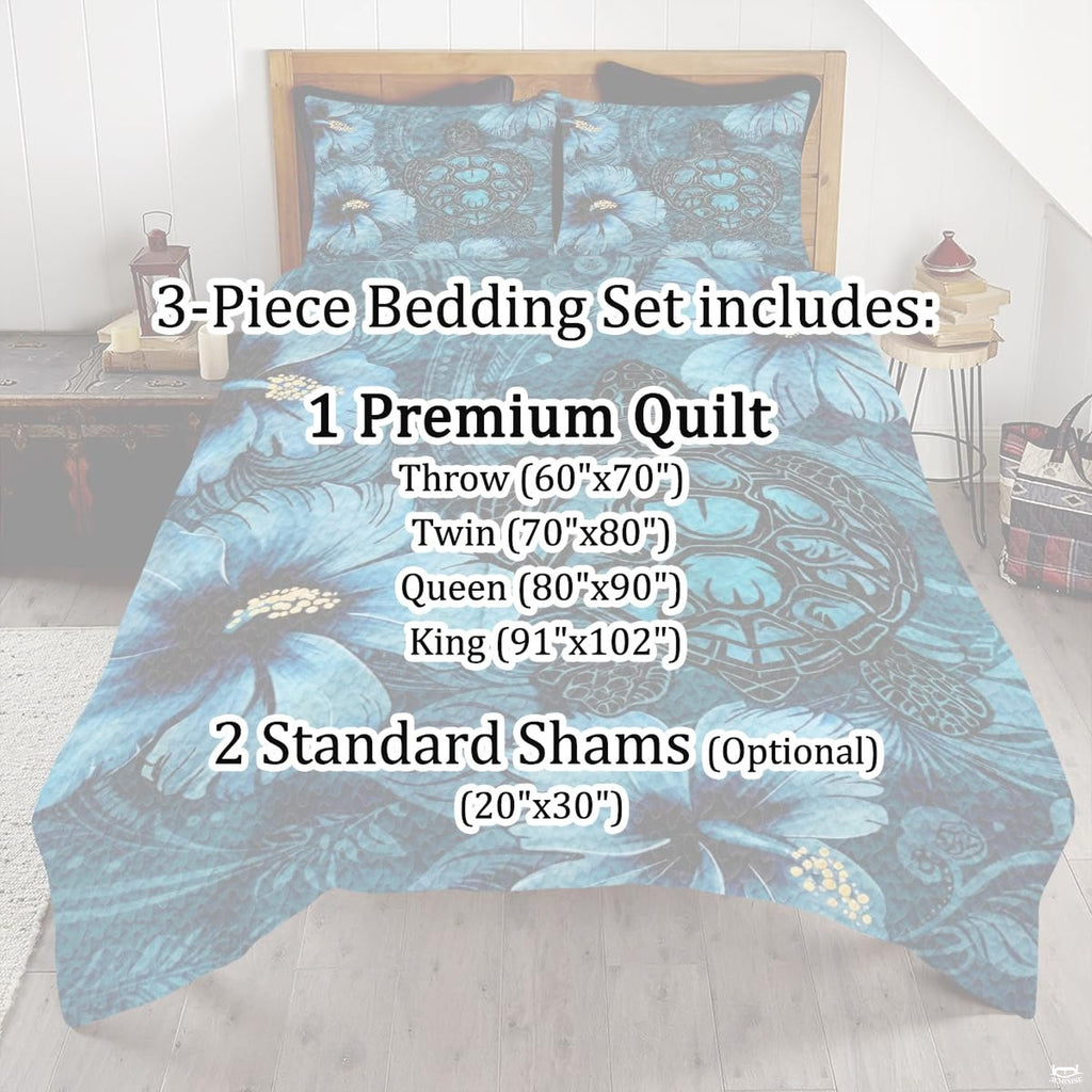 Full bedroom display of ocean cyan sea turtle tribal bedding styled with coastal room decor