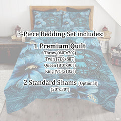 Full bedroom display of ocean cyan sea turtle tribal bedding styled with coastal room decor