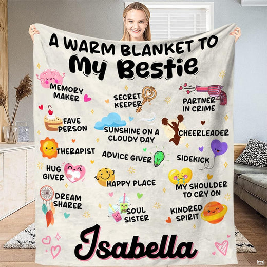 Bestie icons friendship collage throw blanket featuring colorful companion doodles on white background