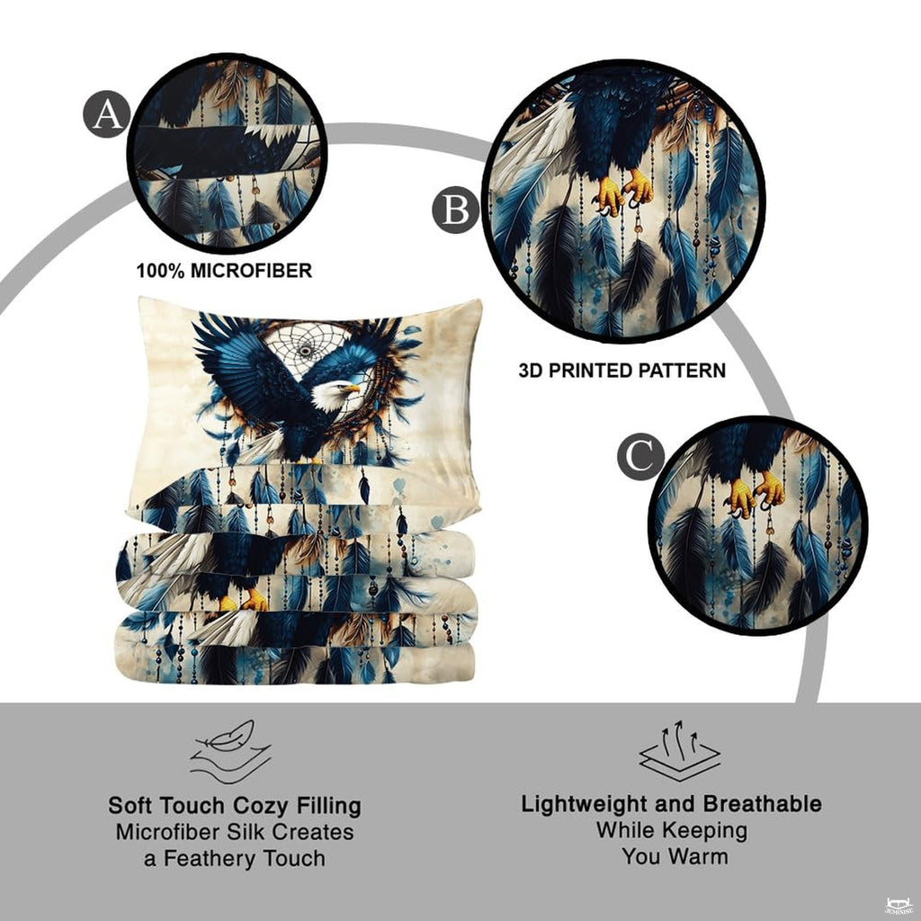 Matching pillowcase detail for eagle bedding set showing coordinating ceremonial feathers and tribal print