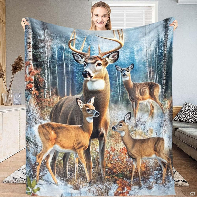 Close up of majestic whitetail stag artwork on bedding with pine trees.