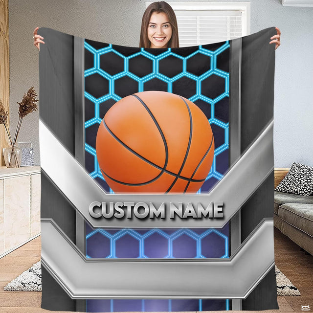 Cyber honeycomb basketball throw blanket view 2 styled on living room couch in modern home