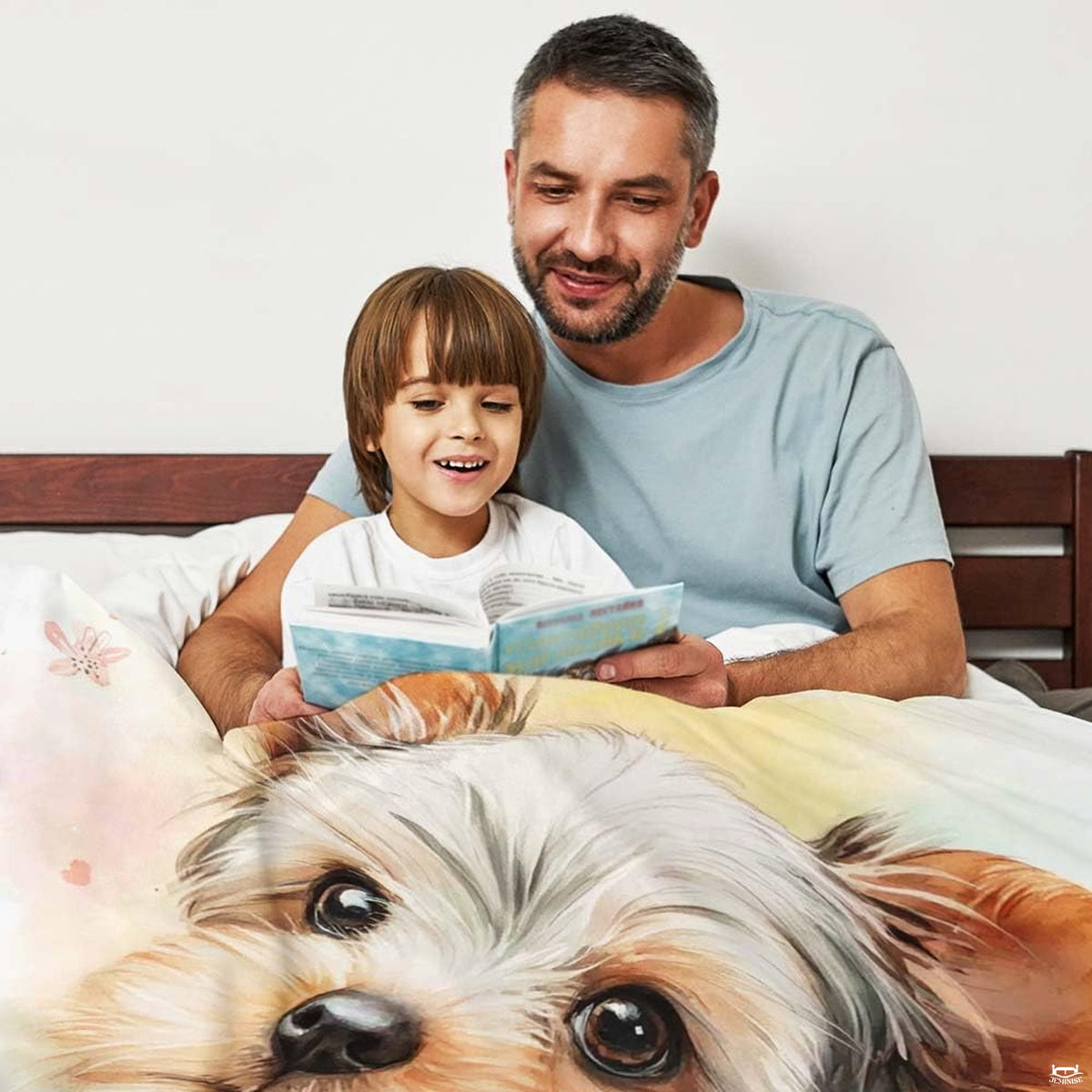 Lovely bedding sets adorned with puppy art and thematic accent yellow watercolor background decor.
