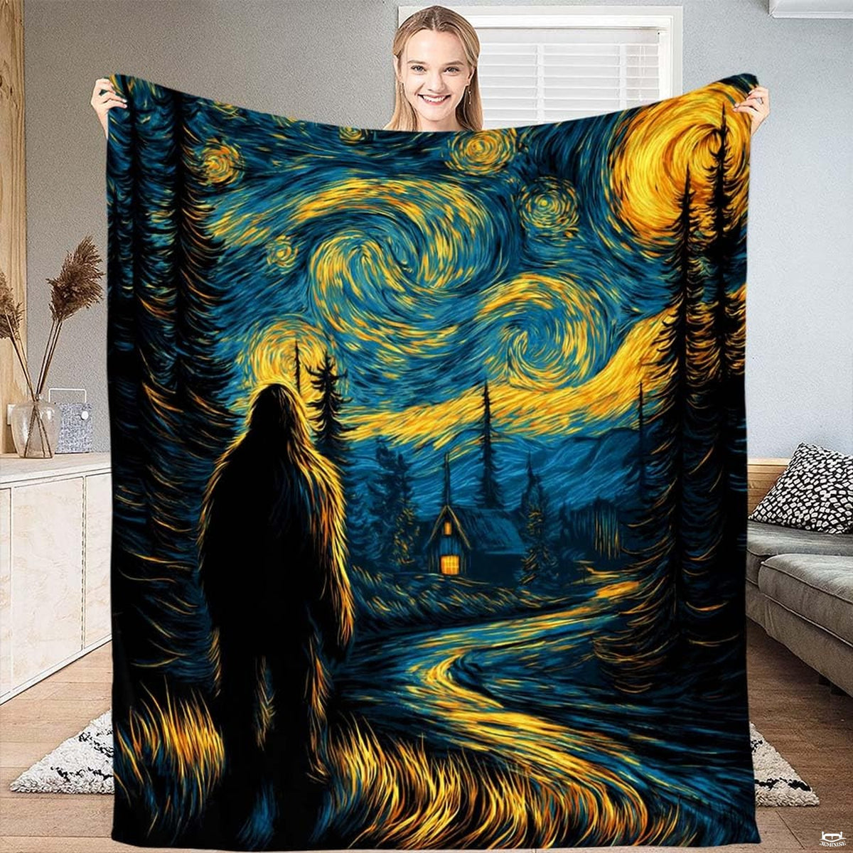 Starry night Bigfoot bedding set featuring swirling post-impressionist sky and glowing crescent moon.