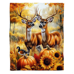 French country bedding set featuring autumn deer bucks in a golden woodland clearing with pumpkins.