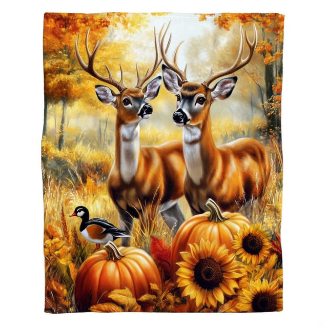 French country bedding set featuring autumn deer bucks in a golden woodland clearing with pumpkins.