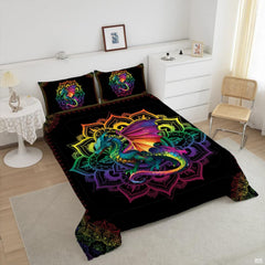 Top-down view of dragon mandala bedding set displaying radiant gold linework and deep midnight navy geometric borders.