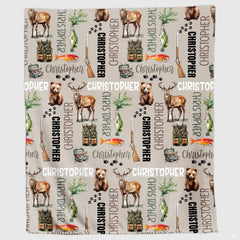 Overview of complete fishing theme bedding set showing lakeside motif and outdoor elements.