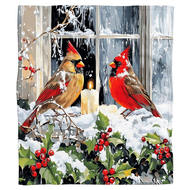 Living room sofa displaying the winter cardinals holiday throw blanket draped over furniture.