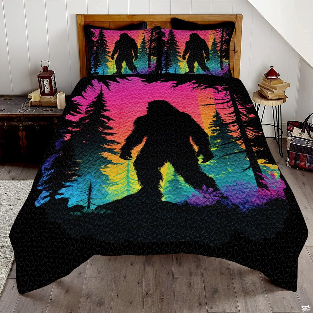 Neon sunset Bigfoot Sasquatch woodland bedding set displayed on a bed in a modern rustic bedroom