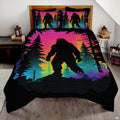 Neon sunset Bigfoot Sasquatch woodland bedding set displayed on a bed in a modern rustic bedroom