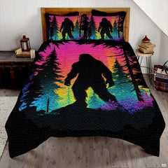 Neon sunset Bigfoot Sasquatch woodland bedding set displayed on a bed in a modern rustic bedroom