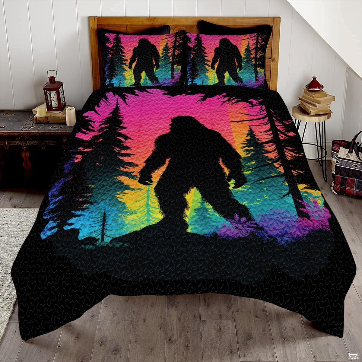 Neon sunset Bigfoot Sasquatch woodland bedding set displayed on a bed in a modern rustic bedroom