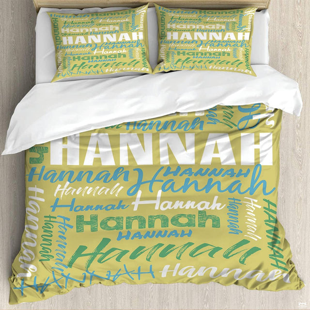 Yellow and green typography bedding displaying vibrant word collage artwork in bedroom setting