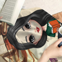 Personalized Black Hair Reading Girl with Bookshelf Throw Blanket