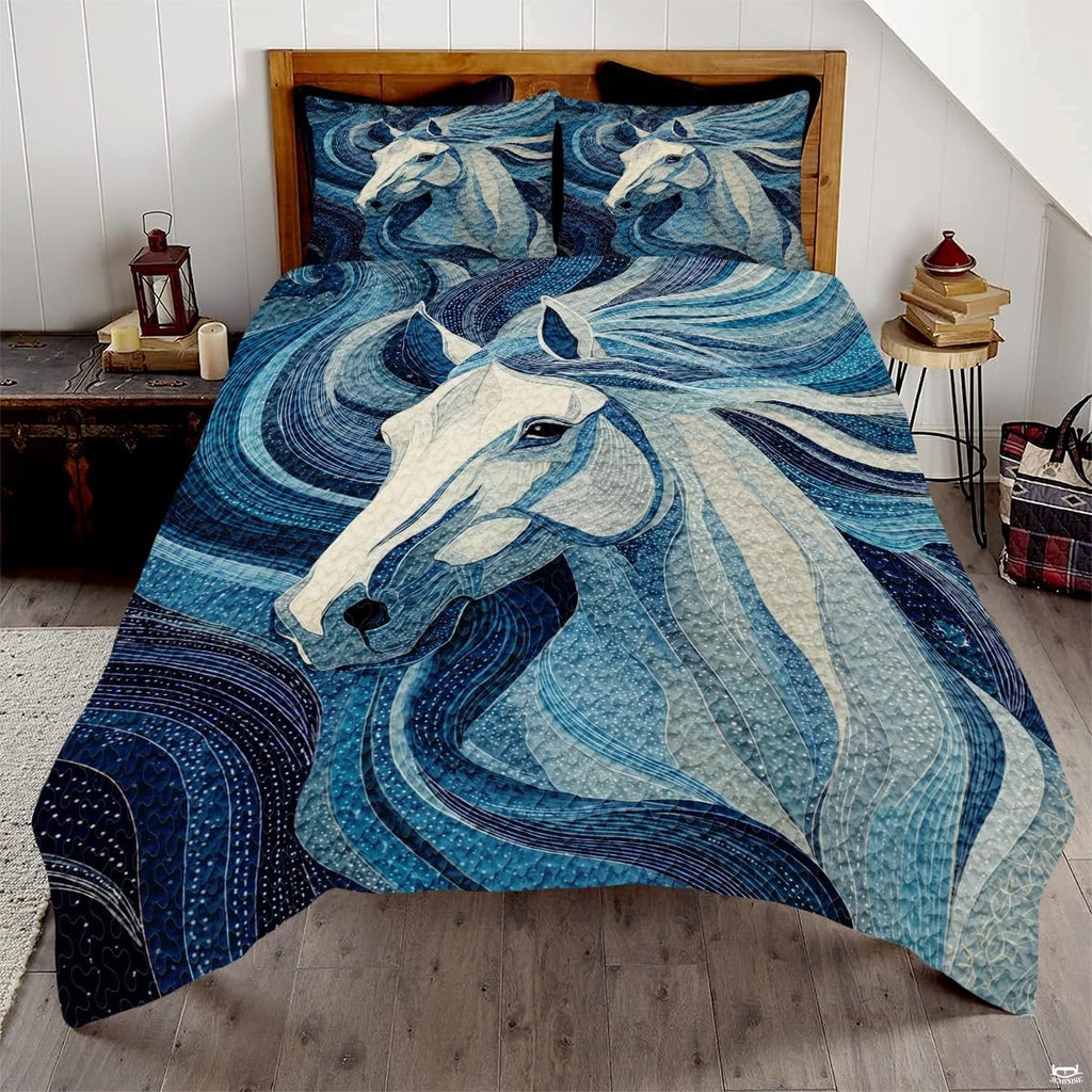 Overhead bedroom view of mosaic blue horse bedding with coordinating pillow covers on bed.