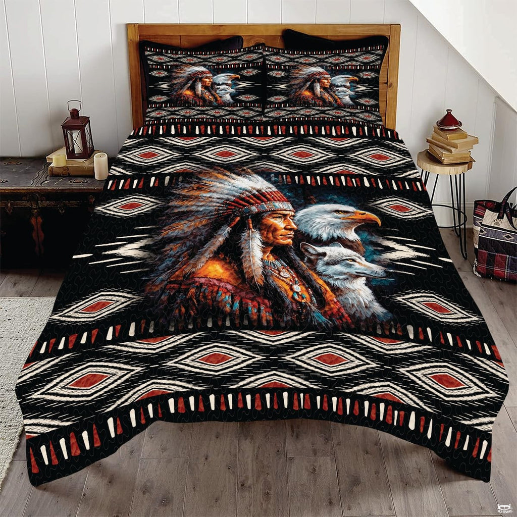 Native tribal chief feather headdress Aztec bedding set displayed neatly on a bed in a rustic bedroom