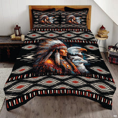 Native tribal chief feather headdress Aztec bedding set displayed neatly on a bed in a rustic bedroom
