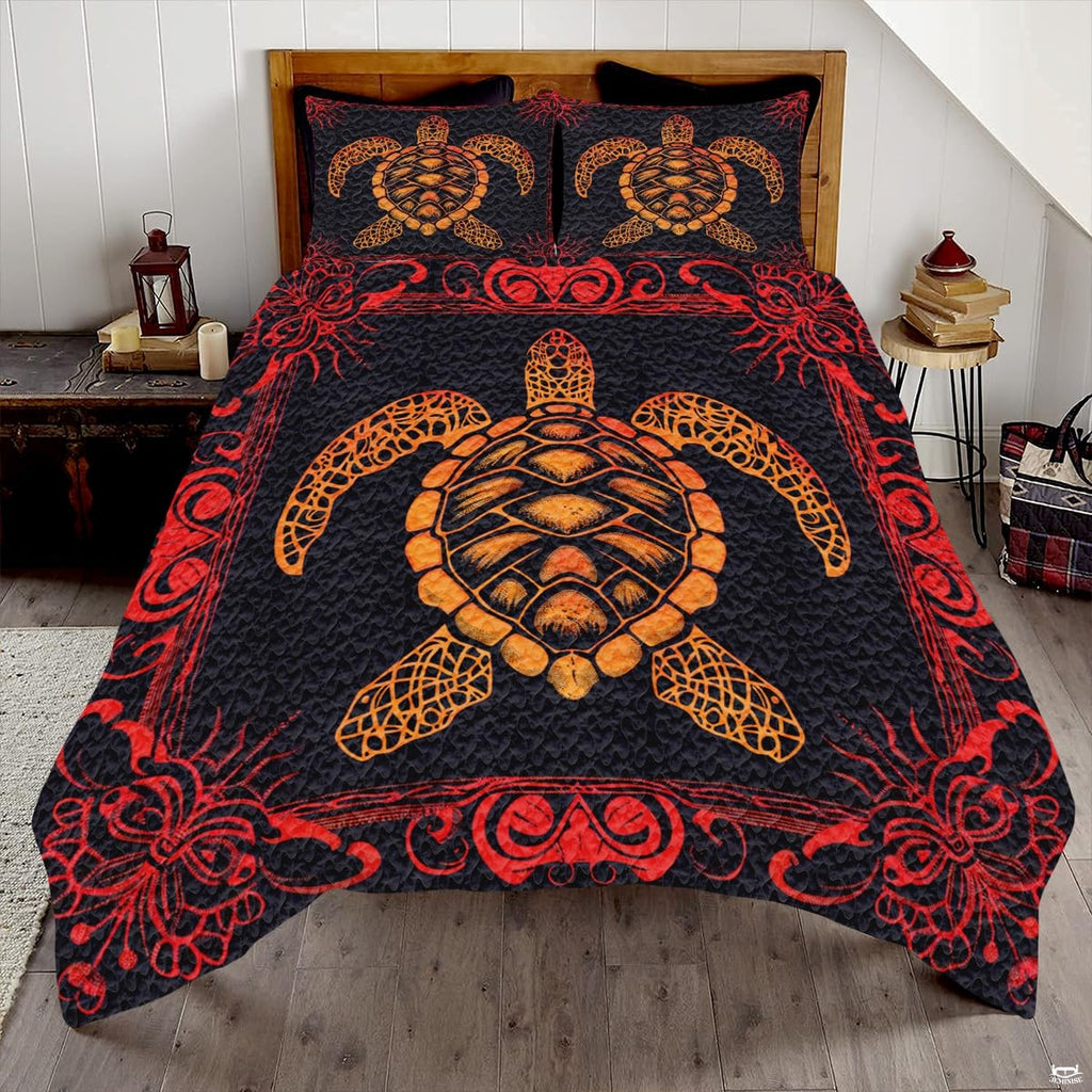 Ornate sea turtle bedding set with golden shell patterns and red filigree scrollwork on charcoal black.
