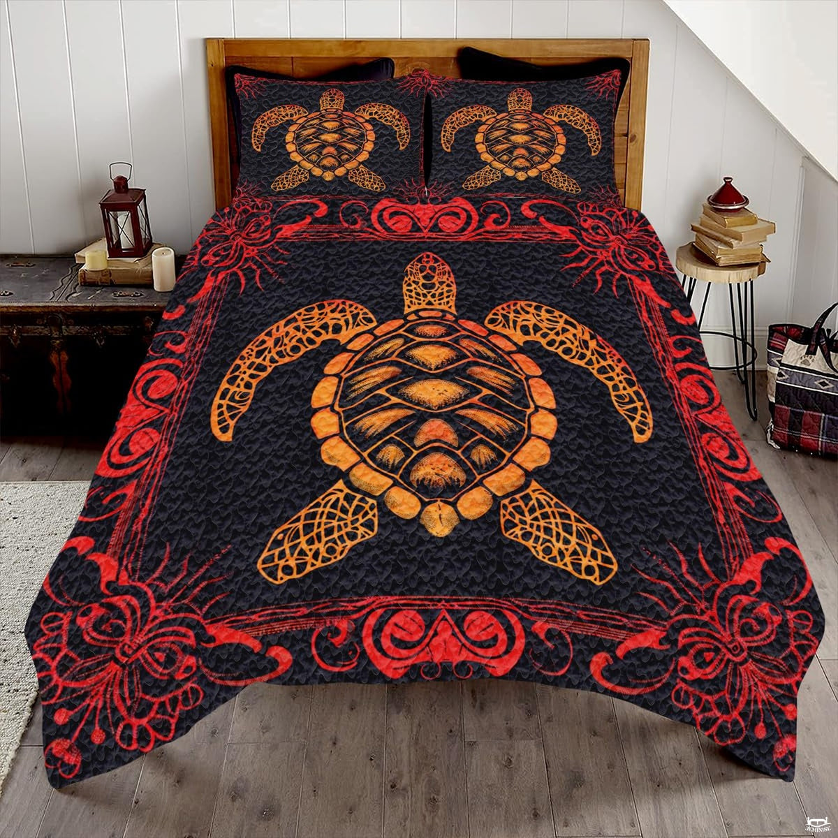 Ornate sea turtle bedding set with golden shell patterns and red filigree scrollwork on charcoal black.