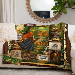 Whimsical book lover ascending staircase of books into enchanted forest library, view 4.