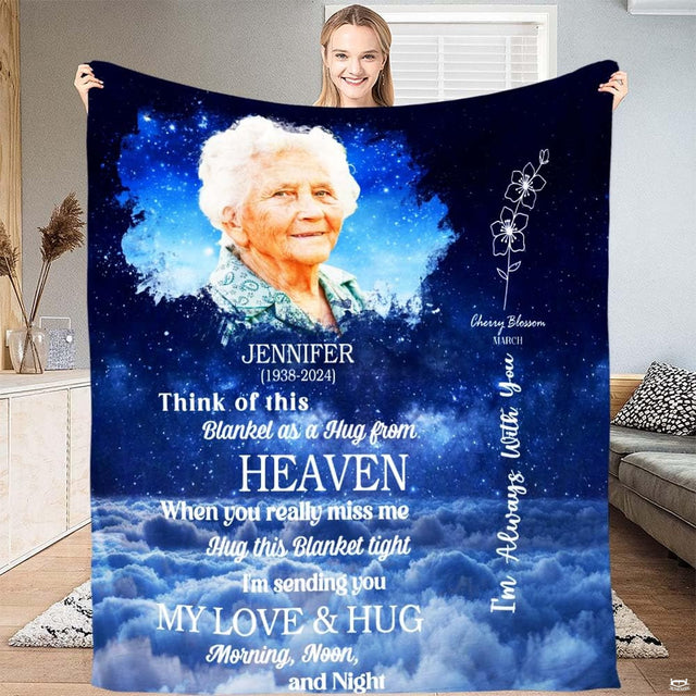 Elder portrait tribute graphic with celestial blue background and white botanical line art displayed in indoor setting