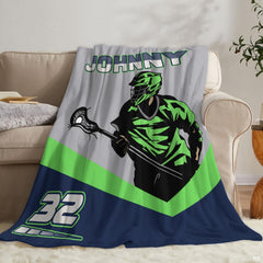 Green lacrosse player graphic blanket displayed across contemporary bed