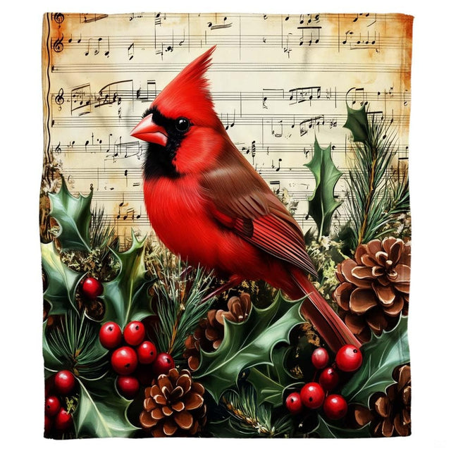 Red cardinal on vintage sheet music blanket flat display.