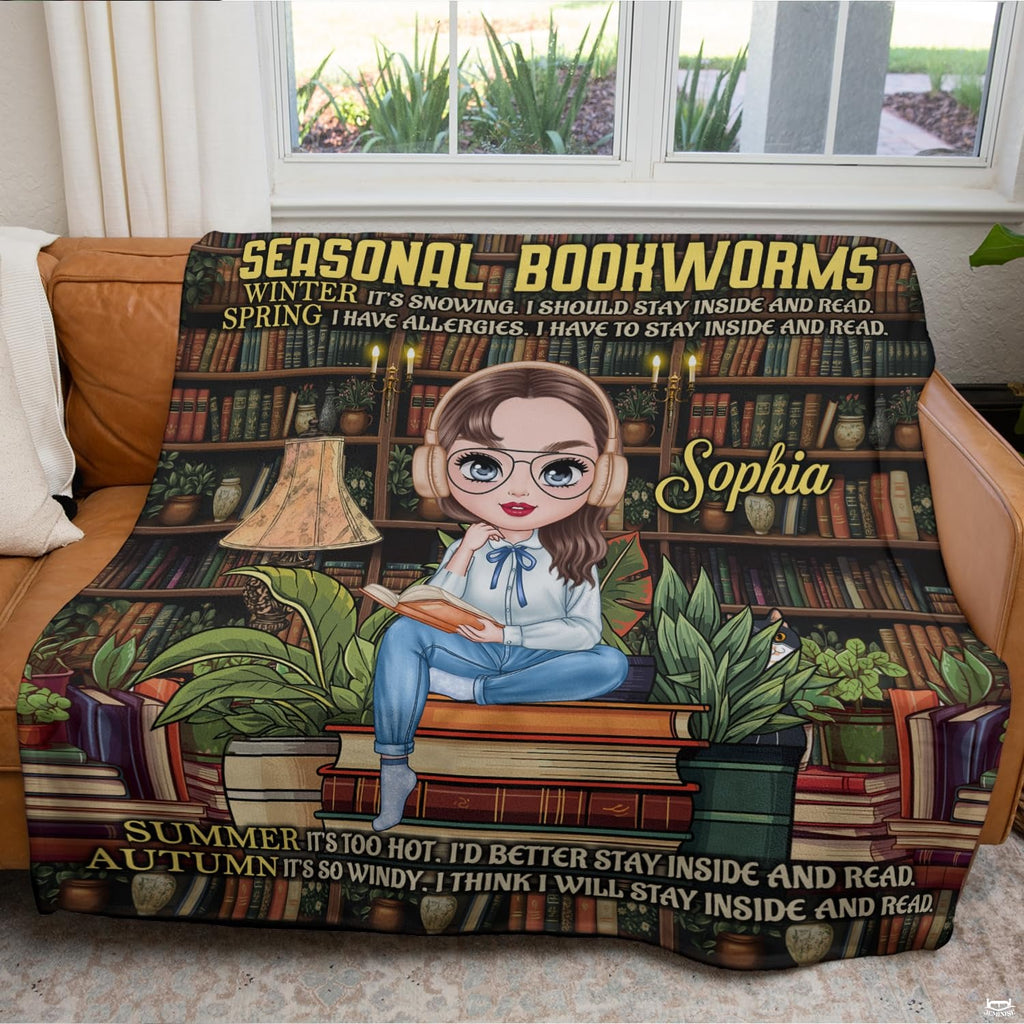 Personalized Seasonal Bookworms Sophia Reading Girl Throw Blanket