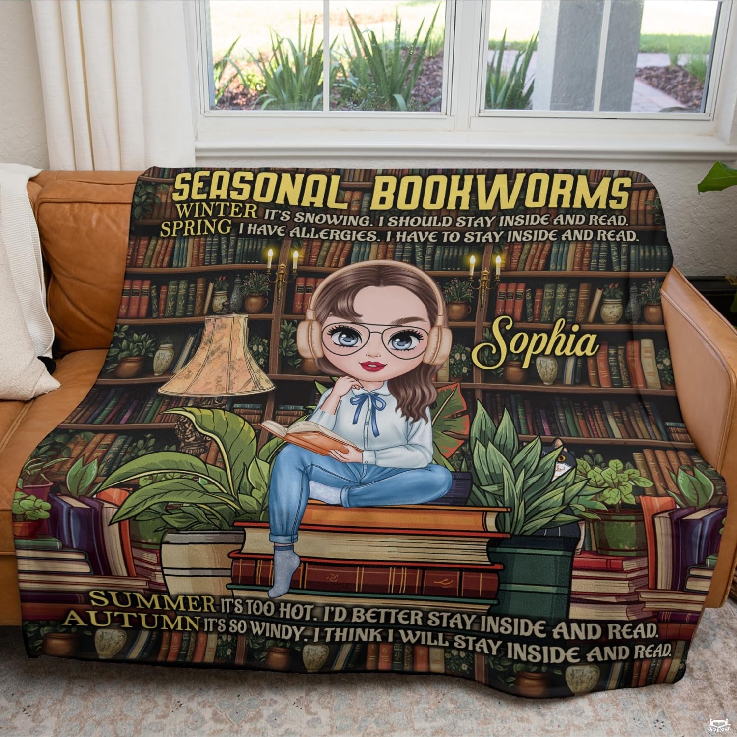 Personalized Seasonal Bookworms Sophia Reading Girl Throw Blanket