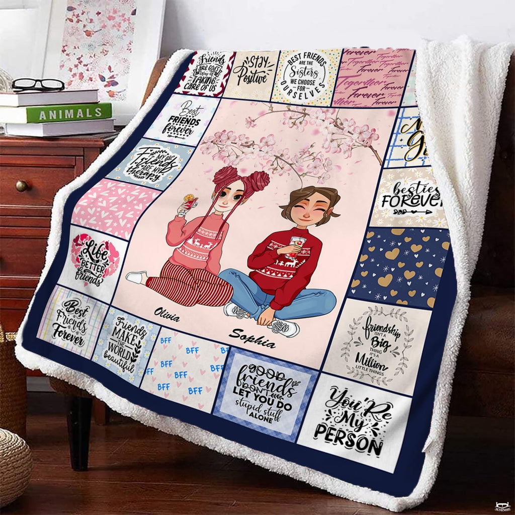 Cherry blossom friendship collage throw blanket view 5 detailing companions and pattern grid