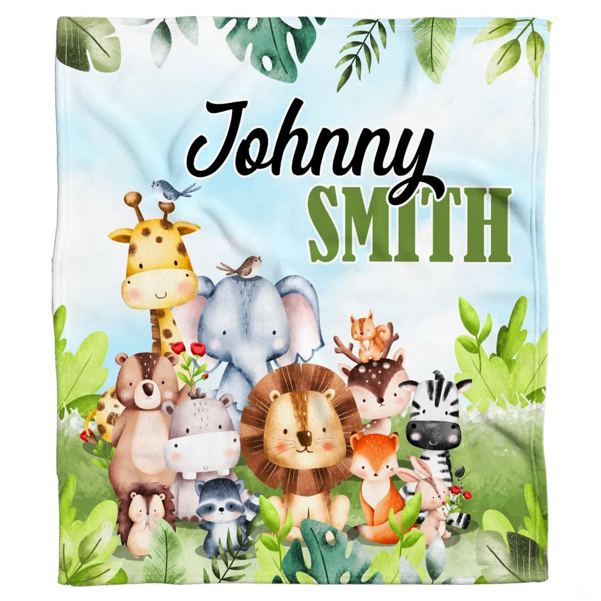Cute safari jungle animals throw blanket displaying watercolor lion elephant and giraffe on sky blue
