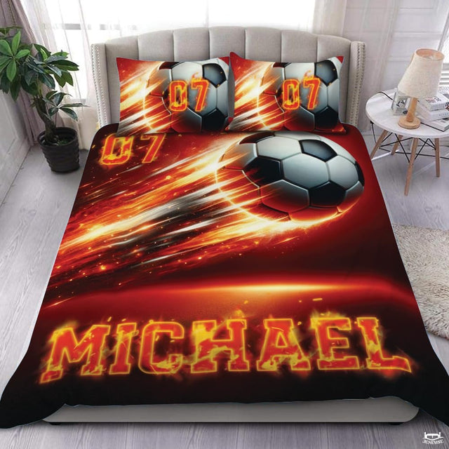 Custom Flaming Soccer Ball with Name Comforter Set, Machine Washable