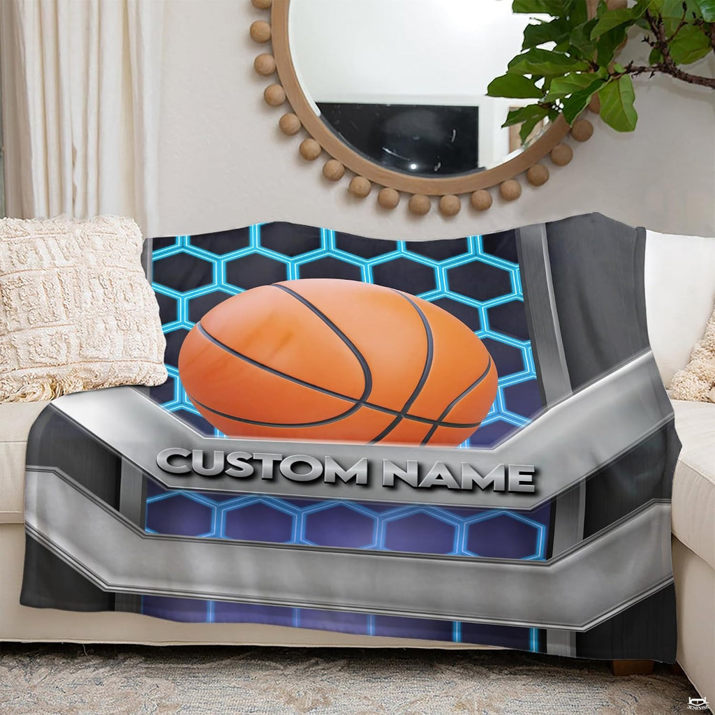 Bedroom styled with cyber honeycomb basketball throw blanket displayed across rustic bedding
