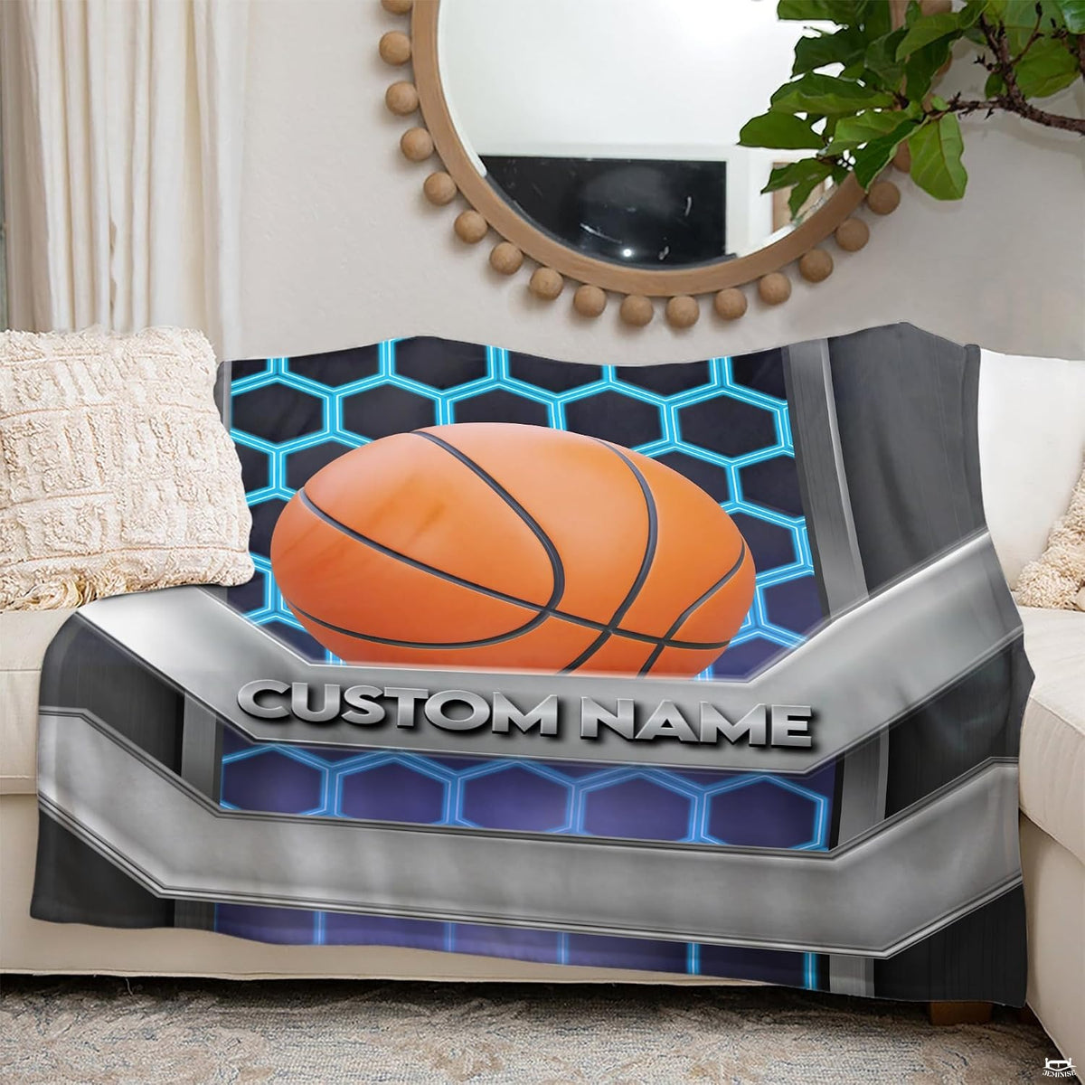 Bedroom styled with cyber honeycomb basketball throw blanket displayed across rustic bedding