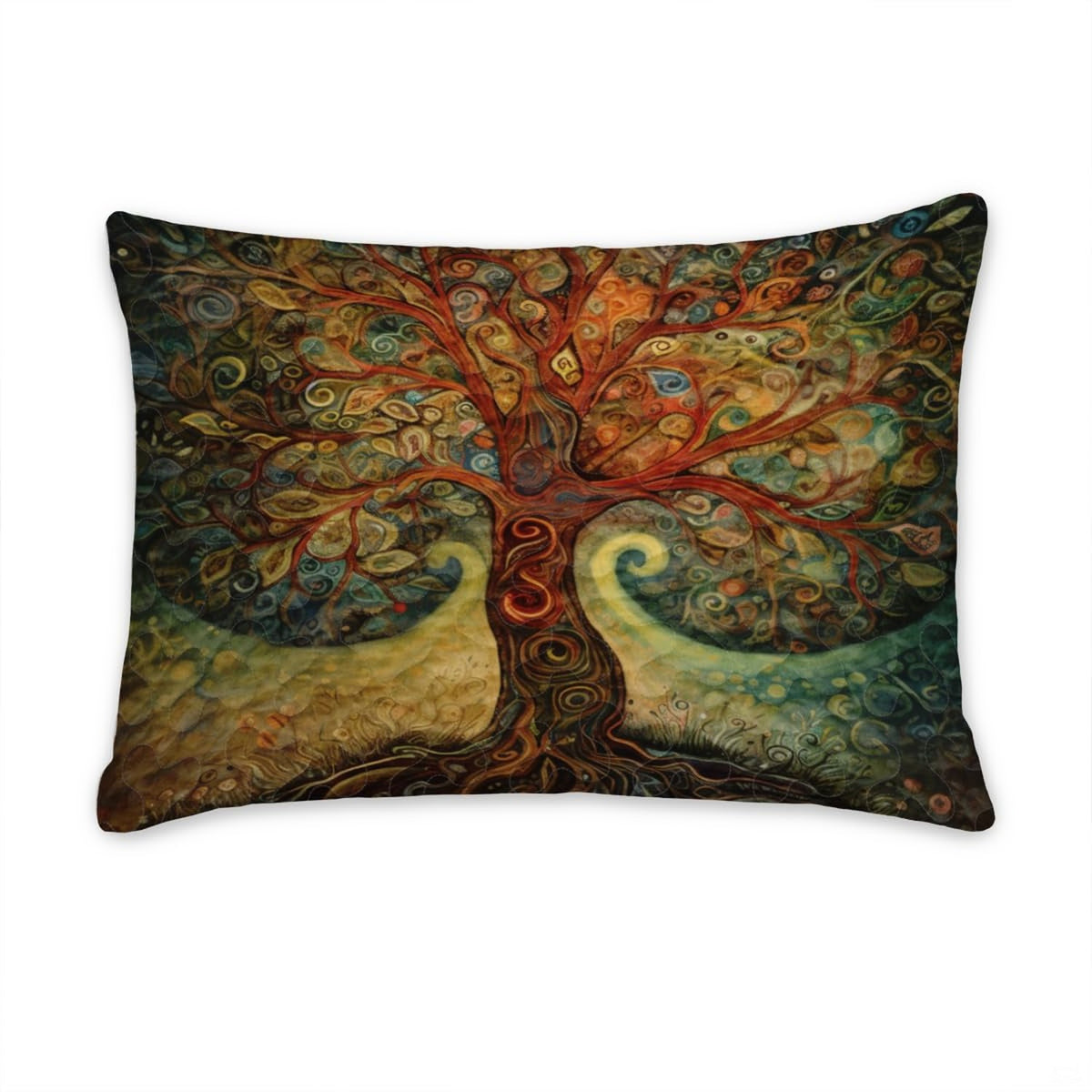 Artistic Tree of Life bedding paired with dark furniture, highlighting amber gold and deep teal accents.