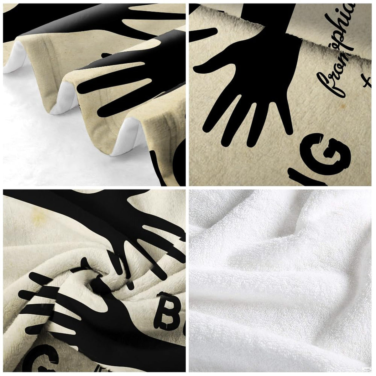 Four panel collage showing silhouette arms print and white reverse