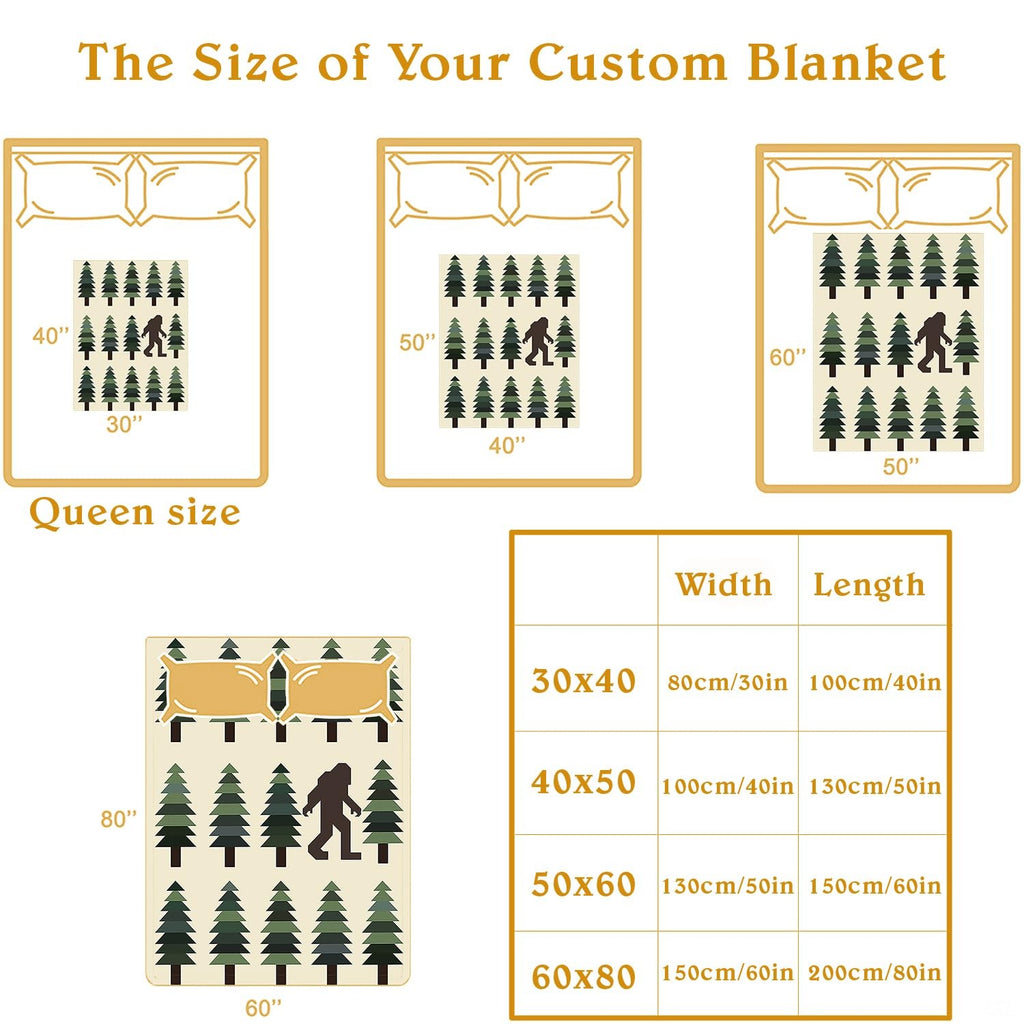 Bigfoot and pine tree pattern blanket spread across a bed showing full geometric design.